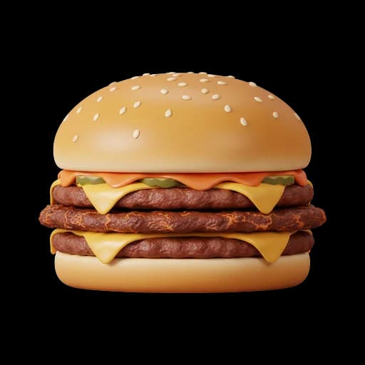 Triple cheeseburger with sesame bun and toppings, highlighting burger expertise.
