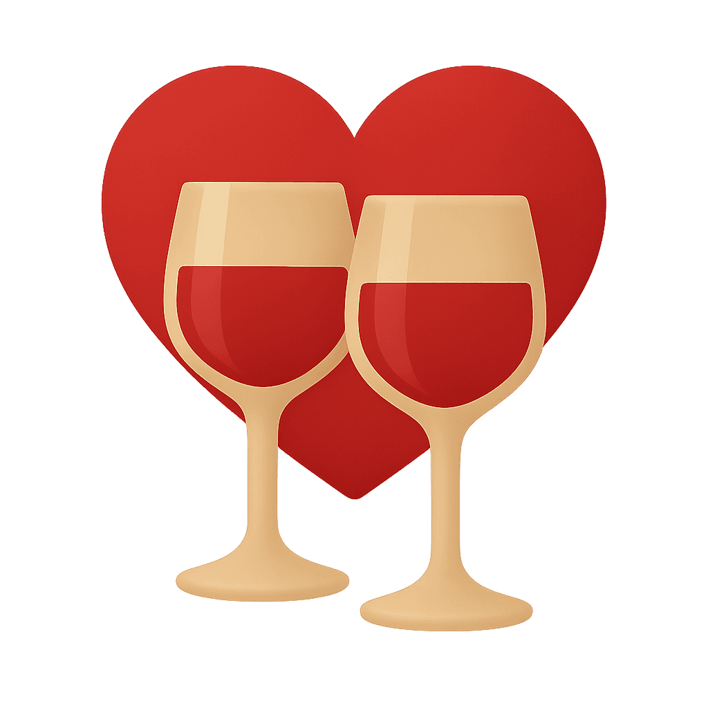 Two wine glasses in front of a heart symbolizing a romantic dining atmosphere.