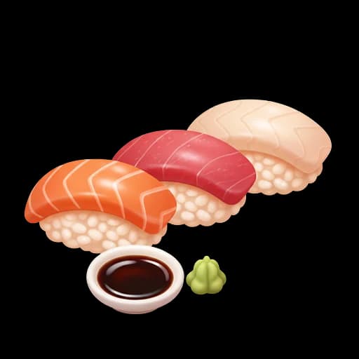 Assorted nigiri sushi with soy sauce and wasabi, highlighting sushi and raw bar offerings.