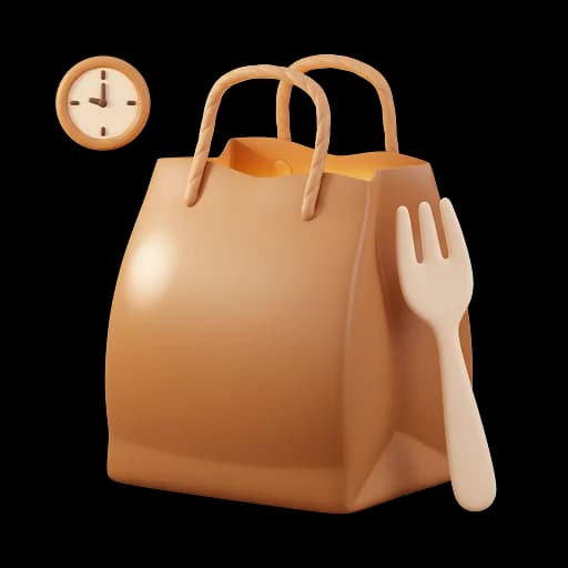 Illustration of a takeout bag with a clock and fork, symbolizing convenient weeknight dining.